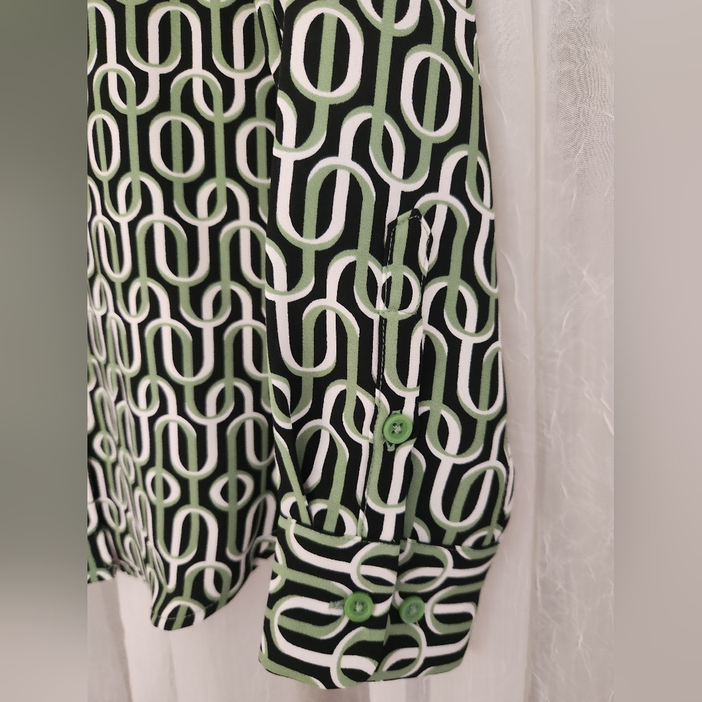 Alfani Black and White Geometric Blouse with Green Accents - Picture 4 of 10